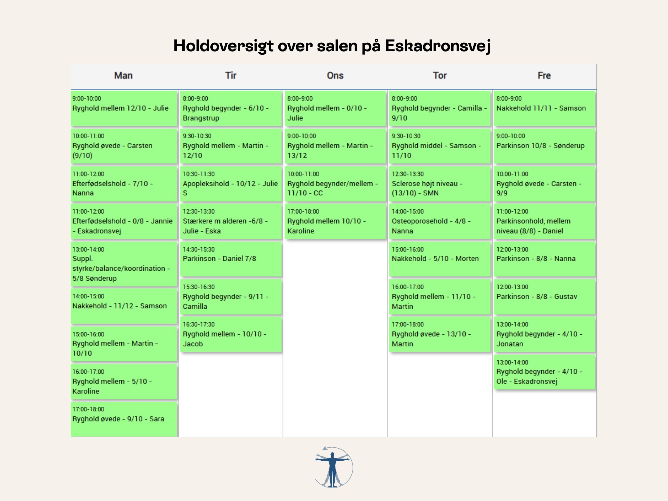 holdoversigt Eskadronsvej salen